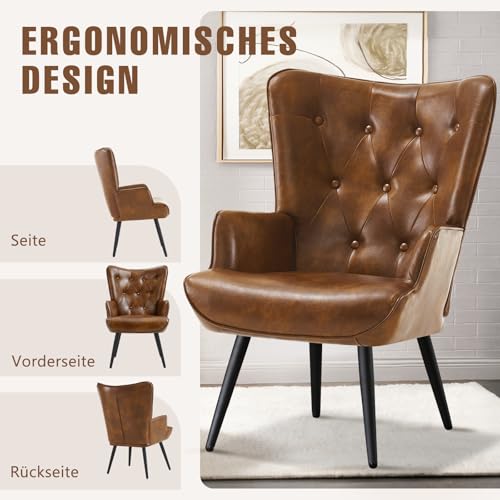 Ckaff Ohrensessel Sessel Wohnzimmer, Skandinavischer Stil Relaxsessel PU-Kunstleder mit Hoher Rückenlehne Loungesessel Polstersessel fürs Wohnzimmer Schlafzimmer Arbeitszimmer Gästezimmer, Braun