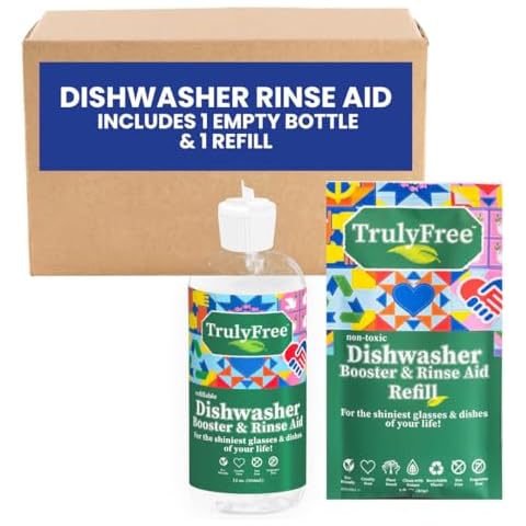 Truly Free Natural Dishwasher Booster & Rinse Aid - Non-Toxic Dishwashing Aid Formula, Removes Residue & Tough Dish Stains, Water Spot Remover - Includes: 1 Reusable Empty 12 oz Bottle & 1 Refill Cover