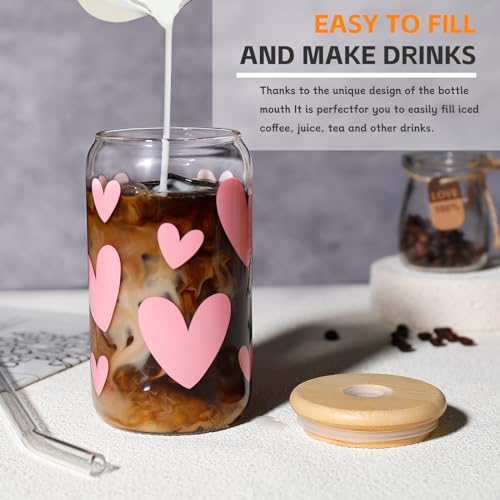 DWTS DANWEITESI Glass Cups with Lids and Straws with Design Pink Hearts 4 pcs,Clear Glass Cups 16 oz-Glass Tumbler,Cute Glass Iced Coffee Cups with Lids and Straws