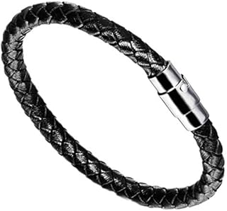 Genuine Leather Stainless Steel Bracelet Me-B8 For Men- Black Silver
