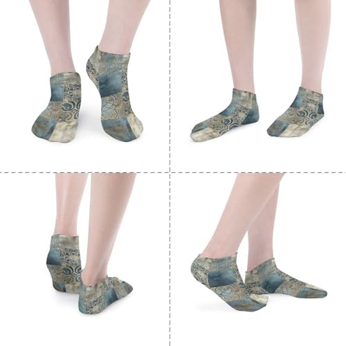 Blue Retro Pattern Ankle Socks 5-Pack, Breathable Casual Athletic Socks for Women Men, One Size (6-11)4