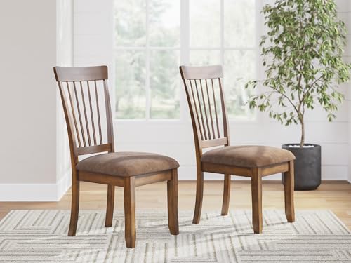 Image of Signature Design by Ashley Berringer Dining Chairs Set of 2, Classic Wood Spindle-Back Design, Cushioned Microfiber Seat, Rustic Finish for Kitchen & Dining Room Chair, Walnut