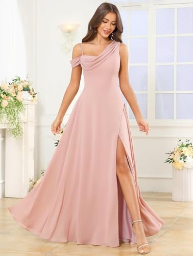 Fu Jiang One Shoulder Bridesmaid Dresses with Slit Chiffon Cold Shoulder Long Formal Evening Party Gowns2
