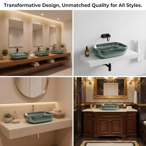 Image of VENICE Bathroom Vanity Sink Countertop Stylish & Durable Ceramic Tabletop Wash Basin Rectangular Vessel Bowl Metallic Pista Glossy Finish