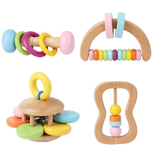 Madera de Madera, sonajero de Madera, sonajero de bebé 4pcs 4 Estilo Liso Suave de Madera Colorida para el Desarrollo del bebé Toys de Madera Resistente al Motor de Madera Resistente a la Madera, e