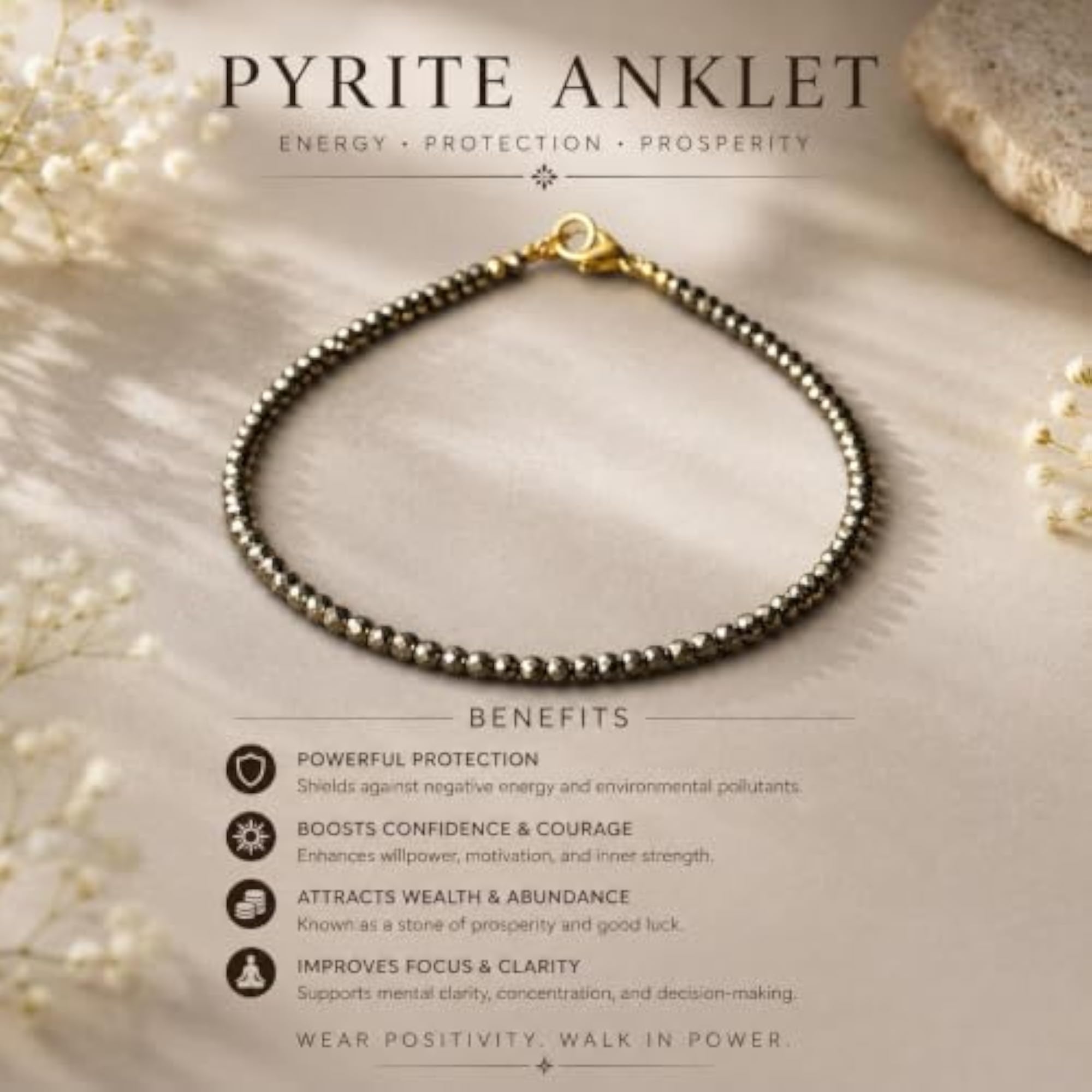 Women's Pyrite Anklet with Faceted Beads, Gold-Tone Clasp