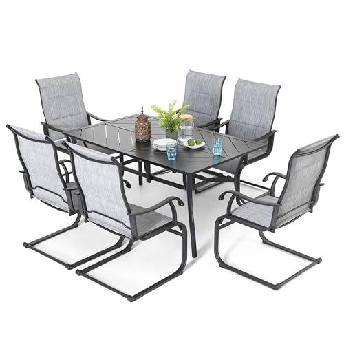 Image of NUU GARDEN 7 Piece Outdoor Dining Set, 6 All Weather Padded Textilene Patio Chairs and 61 inch Rectangular Dining Table with 1.77 inch Umbrella Hole, for Garden, Patio, Light Grey and Black