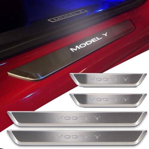 HANSSHOW Door Sill Protector with LED Light for Tesla Model Y 2020-2022, 4 Pieces Front/Rear Sill Plate Protector, Magnetically Controlled Illuminated Door Sills Protector Anti-Scratch