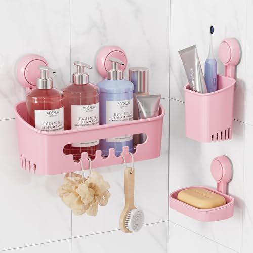 Image of LEVERLOC Shower Caddy Suction Cup Set Shower Organizer & Soap Holder & Toothbrush Holder, Bathroom Shelf Basket NO-Drilling, Removable Suction Storage Waterproof Bathroom Caddy, Pink