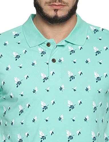 Image of KRYPTIC Men's 100% Cotton Sea Green Leaf Printed Polo Tshirt (S)