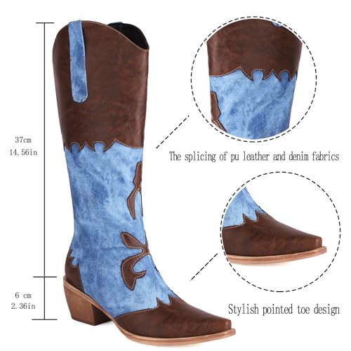 Image of Cozivwaiy Women Denim Cowboy Boots Patchwork Knee High Boots Jean Blue Cowgirl Boot Western Mid Calf Jeans Shoes Pointed Toe Chunky Heel Pull On