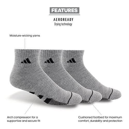 Adidas Men's Cushioned Quarter Socks (3-Pair), Grey/Black, Large #TOP1