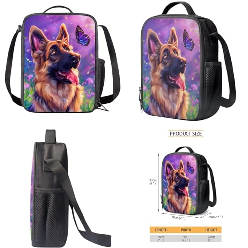 German Shepherd Backpack and Lunch Bag Set for Girls 6-8/8-9 Dog Elementary School Bookbag Butterfly Back Pack with Lunch Box Pencil Case Watter Bottle Holder Keychain Kids Student Book Bags3