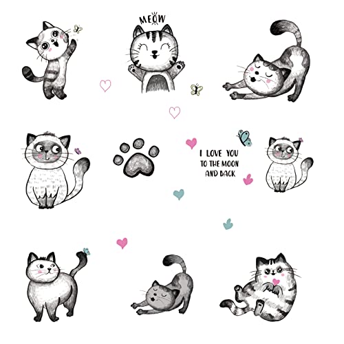 SUPERDANT 10 Style Cartoon Cats Wall Decals Cute Cat Bedroom Decor with Heart Paw Print Wall Stickers Vinyl Wall Decor for Bedroom Living Room Nursery Home Pet Room Decorations 29×90cm