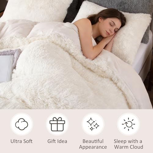 Image of EMME Plush Shaggy White Duvet Cover Set Twin Size Fluffy Fuzzy Comforter Cover Set 2 Piece Luxury Bedding Duvet Covers (White, Twin)
