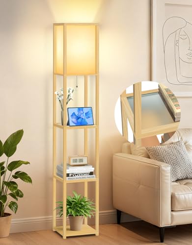 OUTON Lampadaire avec Étagères en Verre, Températures de Couleur Réglables (3000K-6000K), Lampadaire LED Moderne en Colonne, Lampadaires d’Angle en Bois pour...