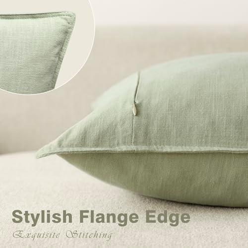 Foindtower Pack of 2, Decorative Linen Solid Throw Pillow Covers Accent Soft Cushion Case Farmhouse Boho Pillowcase for Couch Sofa Chair Bedroom Living Room Home Decor 18 x 18 Inch Light Sage Green