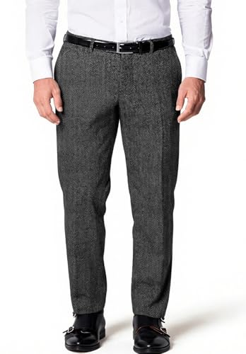 Men's Classic Fit Herringbone Tweed Dress Pants Slim Expandable Waist Business Office Trousers2