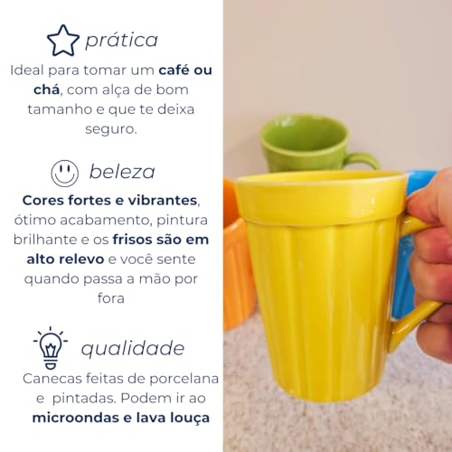 Conjunto de 4 Canecas de Porcelana Coloridas, 200 ml, Laranja, Amarela, Azul e Verde