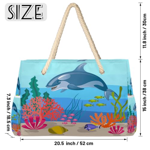 Cartoon Shark Fish Coral Beach Bag for Women Waterproof Sandproof Tote with Zipper Cotton Rope Handles for Travel Pool Gym Shopping2