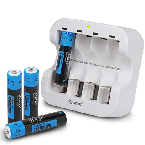 AAA Rechargeable Batteries Kratax 1100mWh AAA Rechargeable Battery 1.5V Constant Voltage Output 1200Cycles Suitable for Toys, Remote Controls, Flashlight, Over-Charge Protection(4 Count with Charger)