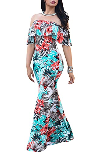 Image of Vintage Ruffle Plain Floral Printed Off Shoulder Bodycon Long Party Maxi Dress