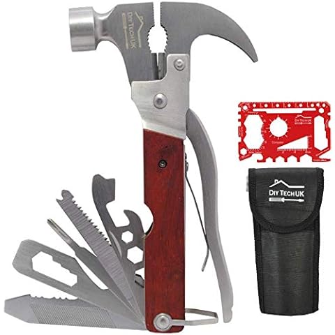 DIY TECH UK - 23 in 1 Hammer Multitool + Free 48 in 1 Wallet Tool - Extra Strong High Carbon Stainless Steel - Pliers, Wire Cutter, Bottle Opener, Saws, File, Screwdrivers & Spanners with Pouch Cover