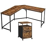 VASAGLE Bureau d’Angle et Caisson Mobile, Poste de Travail avec Placard de Rangement 2 Tiroirs, Table en L de Style Industriel, pour Télétravail, Marron Rustique et Noir LOD016B01