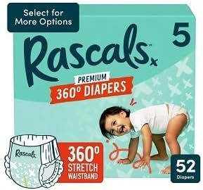Rascal + Friends Premium 360 Absorbent Pull-On Diapers Comeloon, Size 5, 52 Count,