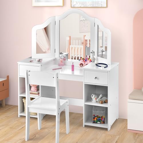 AKUSTIK Kids Vanity, 2 in 1 Wooden Princess Makeup Table and Chair for Toddlers with Tri-Folding Detachable Mirror, Storage Drawers for Little Girls, Pretend Beauty Dressing Desk Play Set Toy Gift