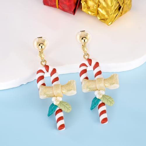 Aretes Navidad Bastón de Caramelo Clip On Mujer miniatura 3