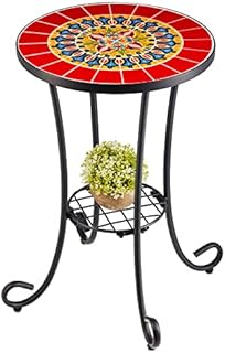 VONLUCE Mosaic Side Table and Plant Stand, Small Table with 36cm Ceramic Tile Top for Patio Garden Furniture, Indoor Outdoor Mosaic Accent Table with Shelf, Living Room End Table or Bedside Table, Red