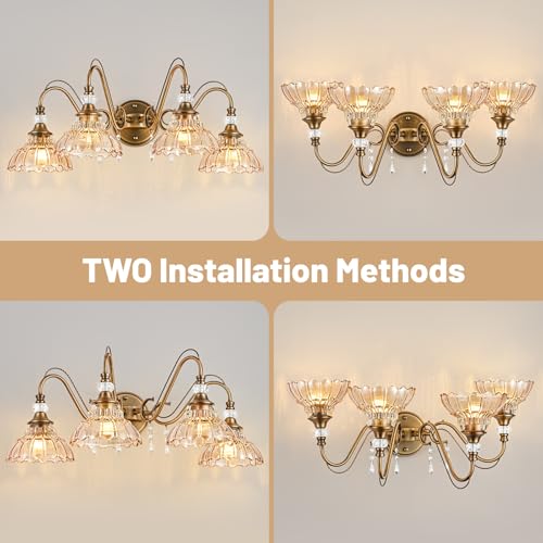 Image of Vintage Bathroom Vanity Light, 4-Light Matte Antique Brass Finish Wall Sconce with Hanging Crystal Accents and Flower-Shaped Amber Glass Shades, Retro Wall Mount Vanity Light Over Mirror for Bathroom