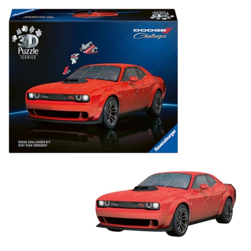 Ravensburger - Puzzle 3D Dodge Challenger R/T - Dodge Challenger Rouge - Maquette Voiture à Construire sans Colle - Puzzle Voiture de Sport 3D - 108 Pièces - Dès 8 Ans - 12008036