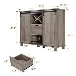 HOSTACK Farmhouse Buffet Sideboard Coffee Bar Cabinet with Storage Liquor Wine Cabinet with Sliding Barn Doors Accent Storage Cabinet for Kitchen Ash Grey