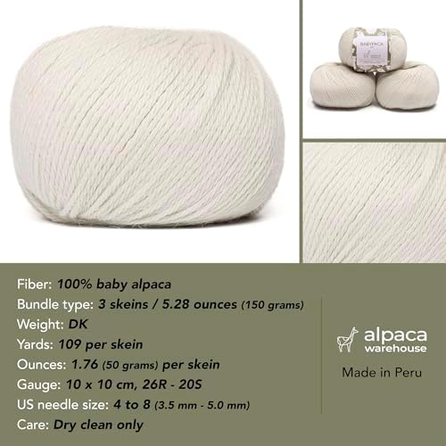 100% Baby Alpaca Yarn Wool Set of 3 Skeins (150 Grams) DK Weight - Made in Peru - Heavenly Soft and Perfect for Knitting and Crocheting (Alabaster White, DK) — view 2
