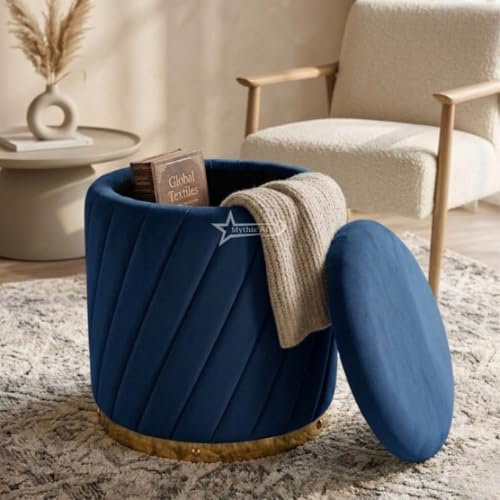 Image of Mythic ArtsRound Upholstered Sitting Stool & Footrest Velvet Storage Ottoman Pouffe16 X 16X 19 inch | Versatile Puffy for Living Room, Bedroom, and Office ? Chic Home Furnishings & Dcor Blue