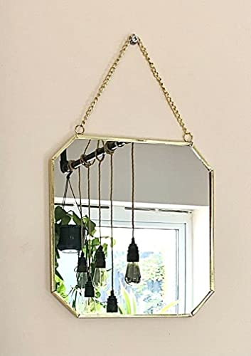 Image of Vintage Wall Mirror with (Brass) Border Wall Hanging Mirror with Chain | Decorative Mirror for Wall Living Room Bedroom & Bathroom Mirror Size - (11 Inches) (Octagonal)