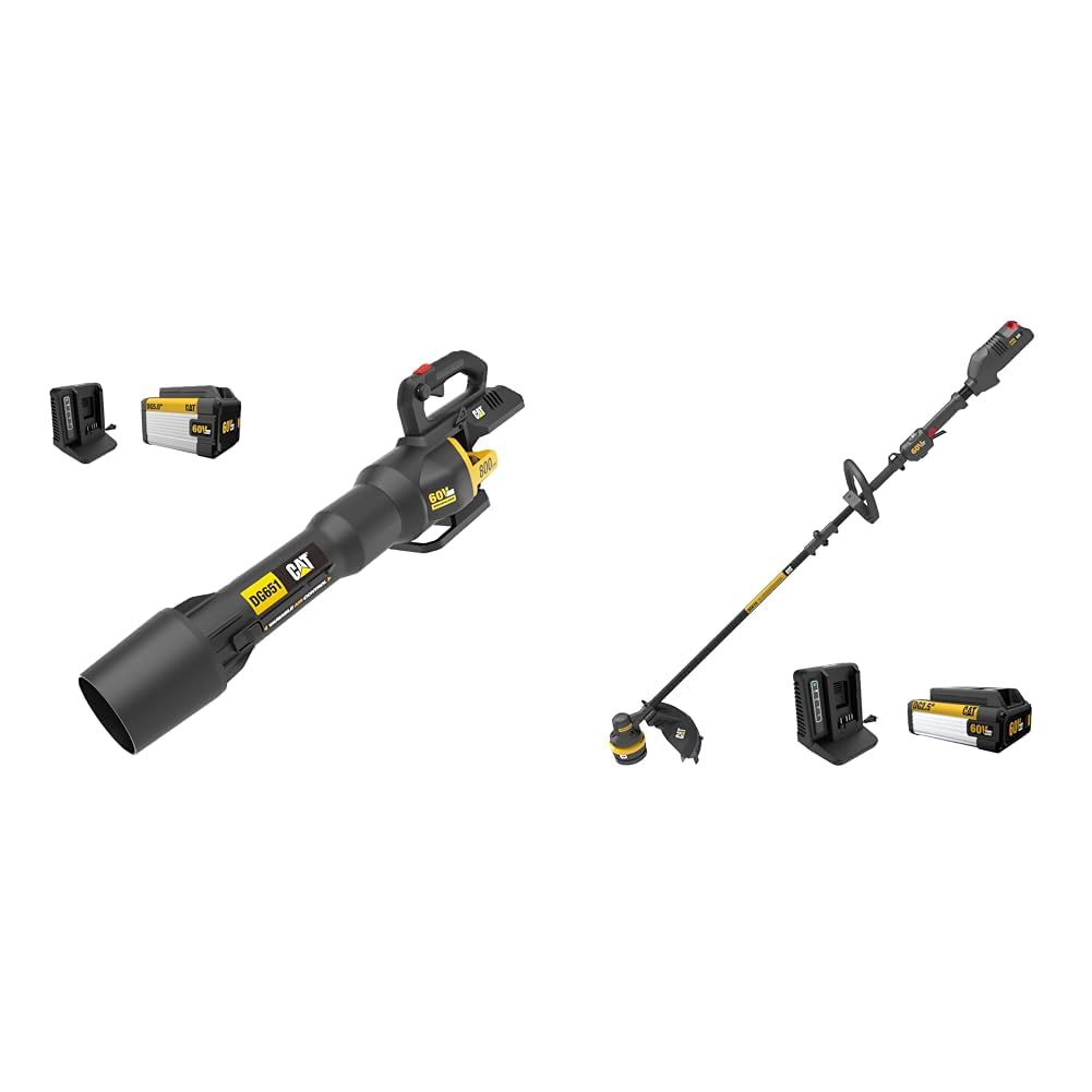 Cat DG651 60V 800 CFM 170 MPH High-Powered Leaf Blower Cordless, Adjustable Speed Blowers & DG610 60V 15” Brushless String Trimmer Cordless with Dual Line Bump Feed Head, Edger
