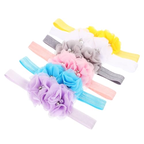 HAKIDZEL 6Pcs Hair Bands Soft Cloth Headbands with Floral Chiffon and Rhinestone Embellishments for Boy Girl Including White Pink Gray Lavender Elastic Headwear for All Hair Types