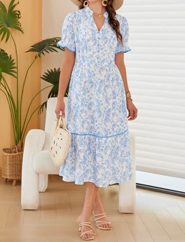 Image of Theenkoln Womens Casual Midi Dress: Short Sleeve V-Neck Empire Waist Gingham Spring Fashion Long Trendy Tiered Formal Dresses