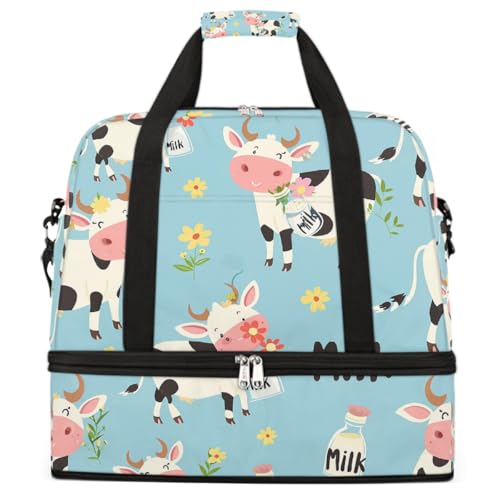 Foldable Carry On Bag for Travel, Expandable Duffle Bag with Shoe Compartment, Flower Cute Cow Lightweight Sports Gym Tote with Trolley Sleeve - Main Image