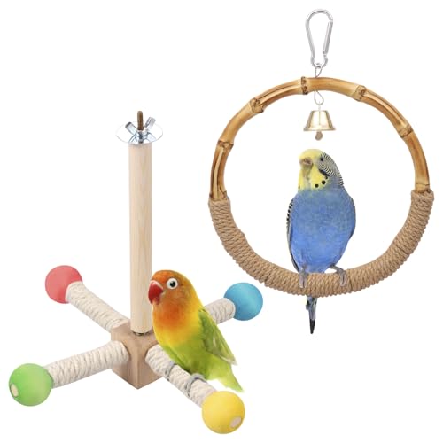 XYDHQS Bird Stand Perch Toy, Multi Functional Interactive Parakeet Toys, Bamboo Entertainment Parrot Set, 360 Degree Rotation Practical Bird Cage Accessories for Small Parrots -  YANBIMHA, YAUS04