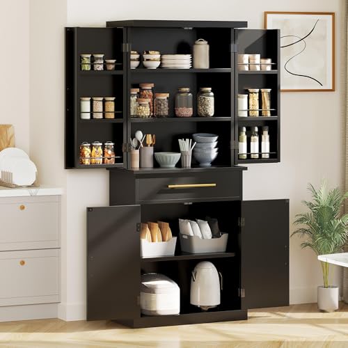 DWVO 72" Kitchen Pantry Storage Cabinet, Tall Modern Food Buffet Cabinets with Drawer & Adjustable Shelves & Door Rack, Freestanding Wood Storage Cupboard for Dining Room, Living Room, Bathroom, Black