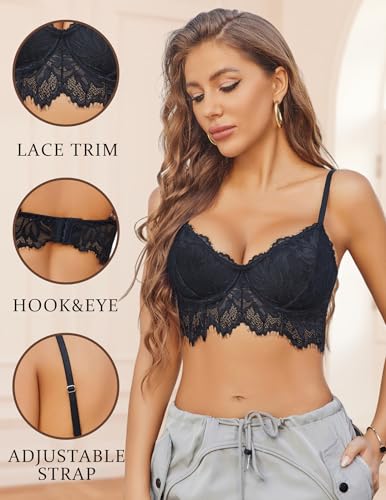 Image of Avidlove Bralettes for Women Lace Underwire Bra Push Up Sexy Bras No Padded V Neck Camisole Lingerie Crop Top