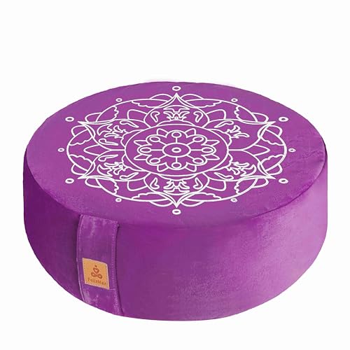 Embroidered Meditation Pillow D=16" H=5.5" Round Velvet Meditation Cushion Yoga Bolster Floor Pouf Zafu Natural Buckwheat hulls Sitting on Floor Removable Organic Cotton Cover Large Kneeling Pillow