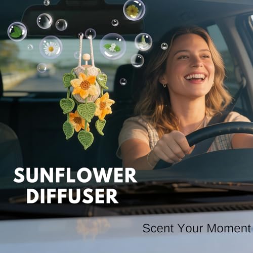 Image of ROFIGL Handmade Crochet Hanging Car Air Freshener - Sunny Sunflower Design, 12ml Refillable Thick Glass Bottle, Car Diffuser for Rearview Mirror, Home & Office Cheerful Decor