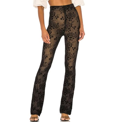Women's Sexy See Through Sheer Mesh Pants Skinny Lace Straight Leg Floral Pants Full Lining Long Trousers Coverups