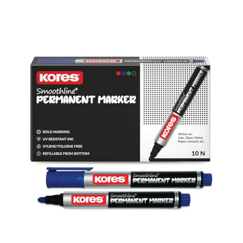 Image of Kores Smoothline+ Permanent Marker Pen, Blue | Pack of 10 | Bold, Fade-Resistant & Quick-Dry Ink | Long-Lasting, Non-Toxic, Smooth Writing for Office, School & Home |