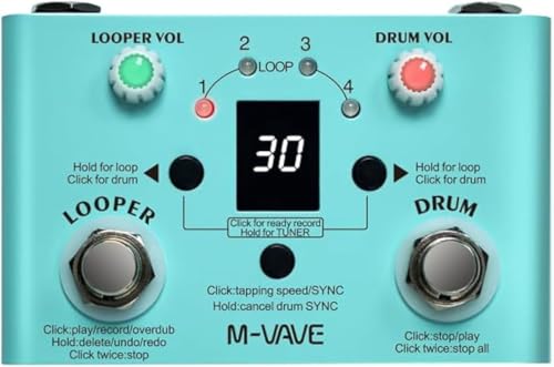 M-VAVE Pedal de Efeito para Guitarra com Looper de Bateria 30 Ritmos, 11 Minutos Gravação e Sintonizador de Alta Precisão - Ideal para Prática, Shows e Estúdio